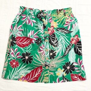 Cynthia Rowley 100% Linen Floral Skirt XL Green with Elastic Waist Band and Tie